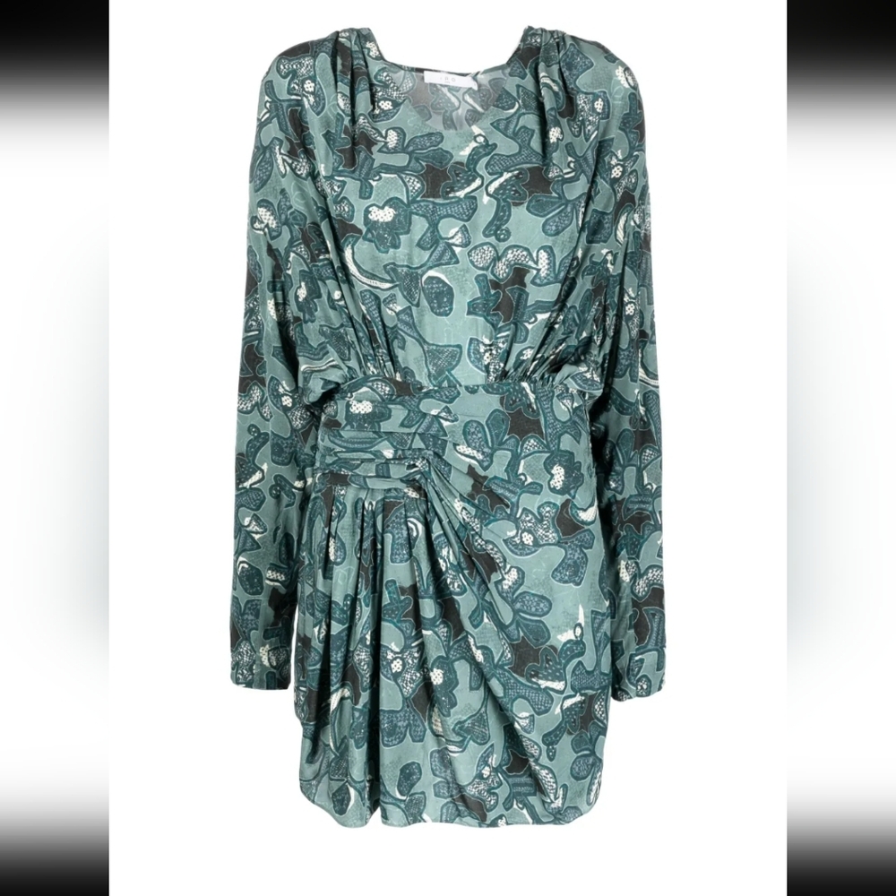 New!IRO Fontana printed short Gathered crepe mini Blue/Green dress Maximalists